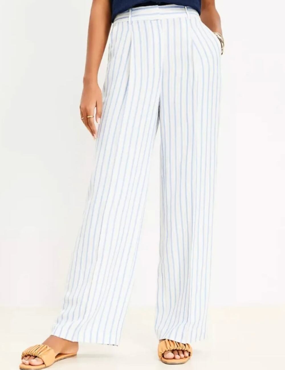LOFT Peyton Striped Linen High Waisted Wide-Leg Trouser Pants White Blue 16